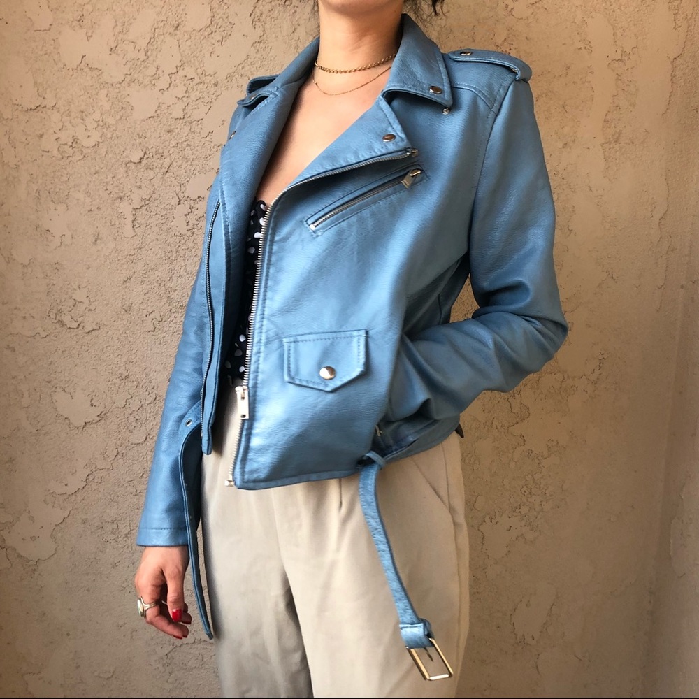 Light Blue Vegan Leather Jacket